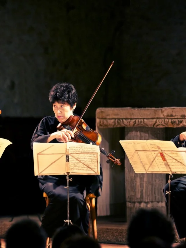 Ensemble de musiciens jouant des cordes — violons, alto et violoncelle — lors d’un concert de musique classique.