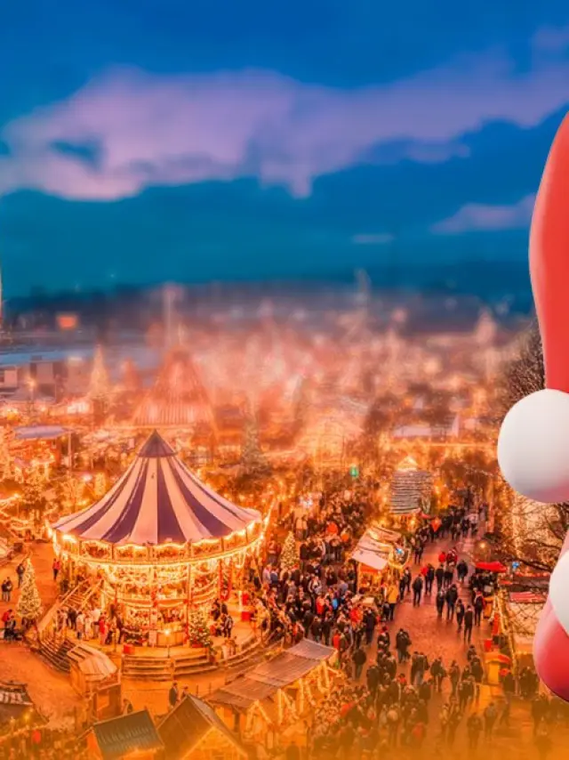 Illustration du Père Noël souriant devant une vue nocturne d’un village de Noël animé avec grande roue et manèges.